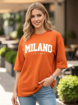 LEOTUDE - Orange Women Printed Oversized T-Shirt