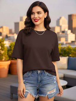 LEOTUDE - Brown Women Solid Oversized T-Shirt