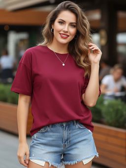 LEOTUDE - Maroon Women Solid Oversized T-Shirt