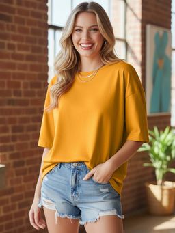 LEOTUDE - Mustard Women Solid Oversized T-Shirt