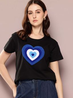 DILLINGER - Black Womens Half Sleeve Embroidery Boxy Regular Fit T-Shirt