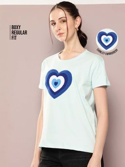 DILLINGER - Blue Womens Half Sleeve Embroidery Boxy Regular Fit T-Shirt