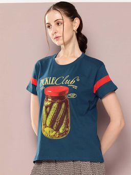 DILLINGER - Blue Womens Half Sleeve Printed Boxy Regular Fit T-Shirt