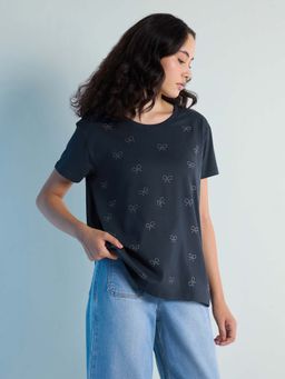 DILLINGER - Navy Blue Womens Stud Detailed Boxy Regular Round Neck T-Shirt