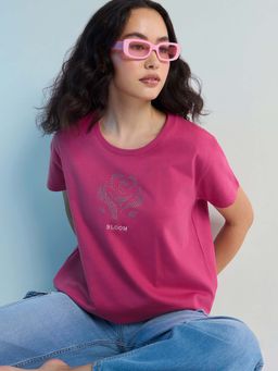 DILLINGER - Pink Womens Stud Detailed Boxy Regular Round Neck T-Shirt