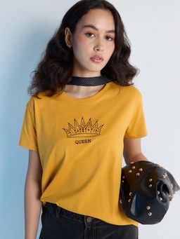 DILLINGER - Yellow Womens Stud Detailed Boxy Regular Round Neck T-Shirt