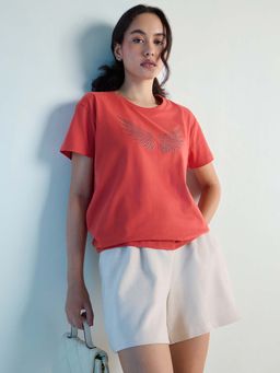 DILLINGER - Red Womens Stud Detailed Boxy Regular Round Neck T-Shirt