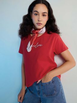 DILLINGER - Red Womens Stud Detailed Boxy Regular Round Neck T-Shirt