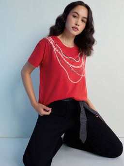 DILLINGER - Red Womens Stud Detailed Boxy Regular Round Neck T-Shirt