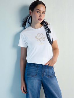 DILLINGER - White Womens Stud Detailed Regular Fit Round Neck T-Shirt