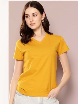DILLINGER - Yellow Womens Half Sleeve Solid V-Neck Regular Fit T-Shirt