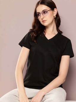 DILLINGER - Black Womens Half Sleeve Solid V-Neck Regular Fit T-Shirt