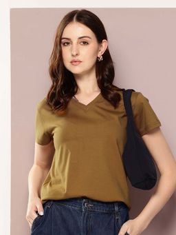 DILLINGER - Olive Womens Half Sleeve Solid V-Neck Regular Fit T-Shirt
