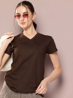 DILLINGER - Brown Womens Half Sleeve Solid V-Neck Regular Fit T-Shirt
