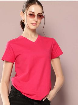 DILLINGER - Pink Womens Half Sleeve Solid V-Neck Regular Fit T-Shirt