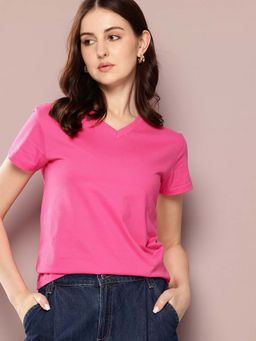 DILLINGER - Pink Womens Half Sleeve Solid V-Neck Regular Fit T-Shirt