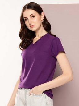 DILLINGER - Purple Womens Half Sleeve Solid V-Neck Regular Fit T-Shirt