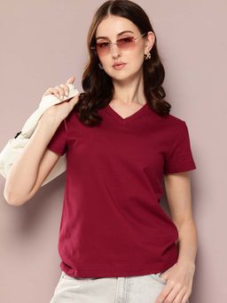 DILLINGER - Maroon Womens Half Sleeve Solid V-Neck Regular Fit T-Shirt