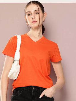 DILLINGER - Orange Womens Half Sleeve Solid V-Neck Regular Fit T-Shirt