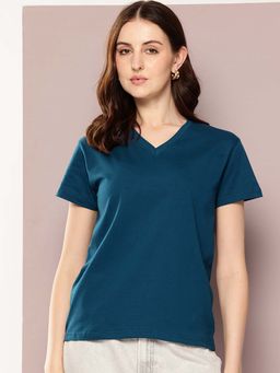 DILLINGER - Blue Womens Half Sleeve Solid V-Neck Regular Fit T-Shirt