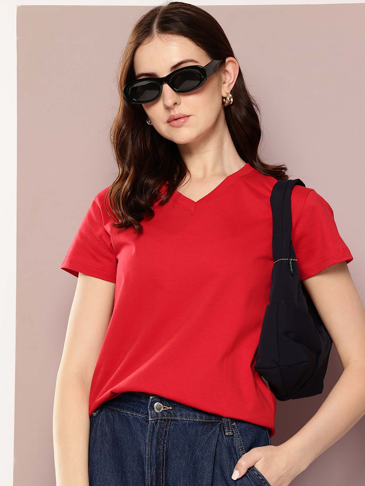 dillinger Red Womens Half Sleeve Solid V-Neck Regular Fit T-Shirt-picture-28