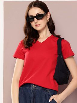 DILLINGER - Red Womens Half Sleeve Solid V-Neck Regular Fit T-Shirt