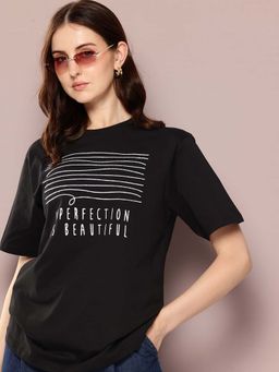 DILLINGER - Black Womens Half Sleeve Embroidery Oversized Fit T-Shirt