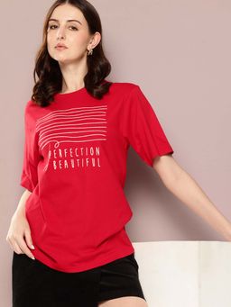 DILLINGER - Red Womens Half Sleeve Embroidery Oversized Fit T-Shirt