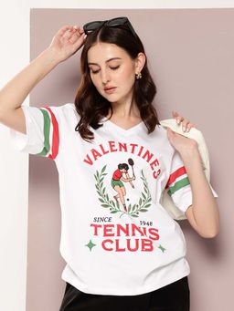 DILLINGER - White Womens Half Sleeve Printed V-Neck Oversized Fit T-Shirt