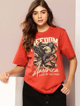 DILLINGER - Red Womens Half Sleeve Printed Oversized Fit T-Shirt
