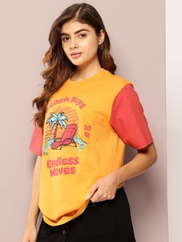 DILLINGER - Mustard Womens Half Sleeve Printed Oversized Fit T-Shirt