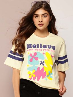 DILLINGER - Off White Womens Half Sleeve Printed Oversized Fit T-Shirt