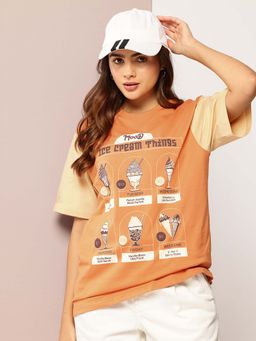 DILLINGER - Orange Womens Half Sleeve Printed Oversized Fit T-Shirt