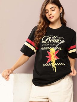 DILLINGER - Black Womens Half Sleeve Printed Oversized Fit T-Shirt
