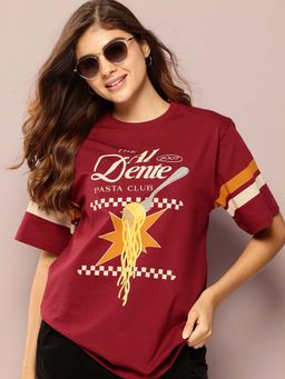 DILLINGER - Maroon Womens Half Sleeve Printed Oversized Fit T-Shirt