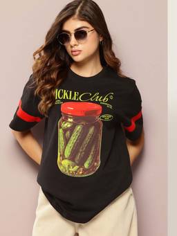 DILLINGER - Black Womens Half Sleeve Printed Oversized Fit T-Shirt