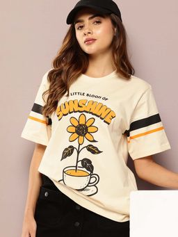 DILLINGER - Off White Womens Half Sleeve Printed Oversized Fit T-Shirt