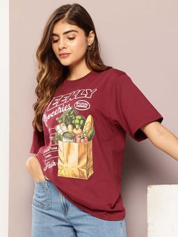 DILLINGER - Maroon Womens Half Sleeve Printed Oversized Fit T-Shirt