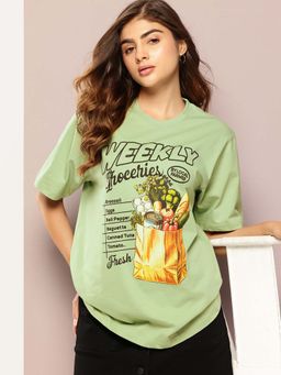 DILLINGER - Green Womens Half Sleeve Printed Oversized Fit T-Shirt