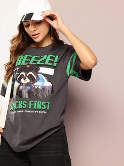 DILLINGER - Grey Womens Half Sleeve Printed Oversized Fit T-Shirt