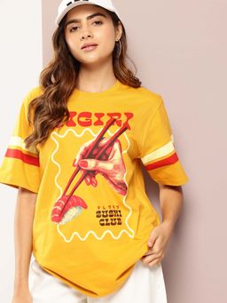 DILLINGER - Mustard Womens Half Sleeve Printed Oversized Fit T-Shirt