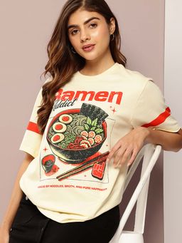 DILLINGER - Cream Womens Half Sleeve Printed Oversized Fit T-Shirt