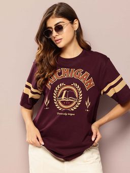 DILLINGER - Wine Womens Half Sleeve Printed Oversized Fit T-Shirt