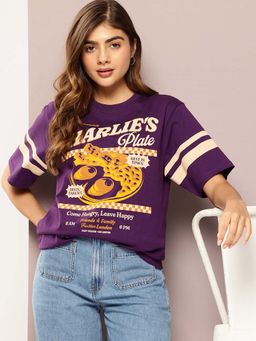 DILLINGER - Purple Womens Half Sleeve Printed Oversized Fit T-Shirt