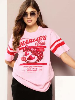 DILLINGER - Pink Womens Half Sleeve Printed Oversized Fit T-Shirt