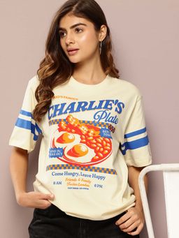 DILLINGER - Cream Womens Half Sleeve Printed Oversized Fit T-Shirt