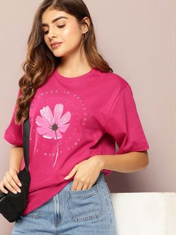 DILLINGER - Pink Womens Half Sleeve Printed Oversized Fit T-Shirt