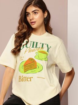 DILLINGER - Cream Womens Half Sleeve Printed Oversized Fit T-Shirt