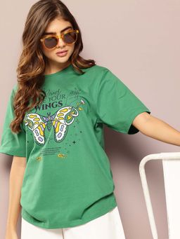 DILLINGER - Green Womens Half Sleeve Printed Oversized Fit T-Shirt