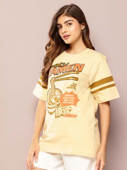 DILLINGER - Beige Womens Half Sleeve Printed Oversized Fit T-Shirt